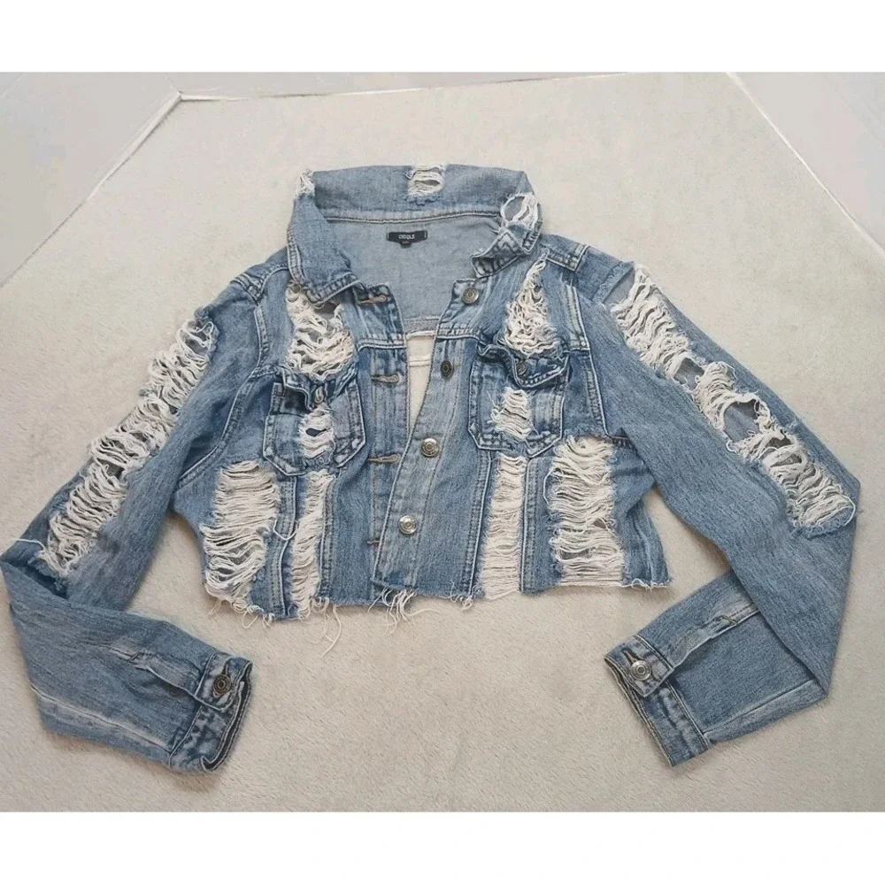 ChiQle Extreme Ripped Cropped  Denim Jacket Women's Size Large Preppy Concert.